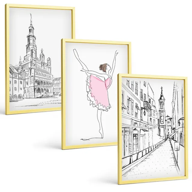 TULUP 4-Delige Schilderij Set - Stijlvolle schilderijen van een dansende ballerina en architectuur. - 40 x 60 cm - Wanddecoratie - Schilderijen Set - Interieur - Muurdecoratie Gouden lijst