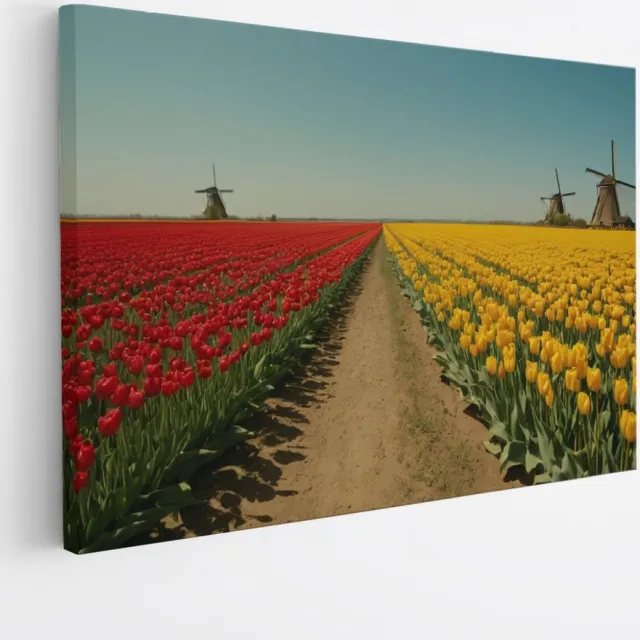 Saammp Canvas Schilderij - Landschap - Rode en gele tulpen- Natuur - 60x40 - Foto op canvas - Wanddecoratie - Muurdecoratie Woonkamer - Slaapkamer decoratie - Canvas Print Multicolor