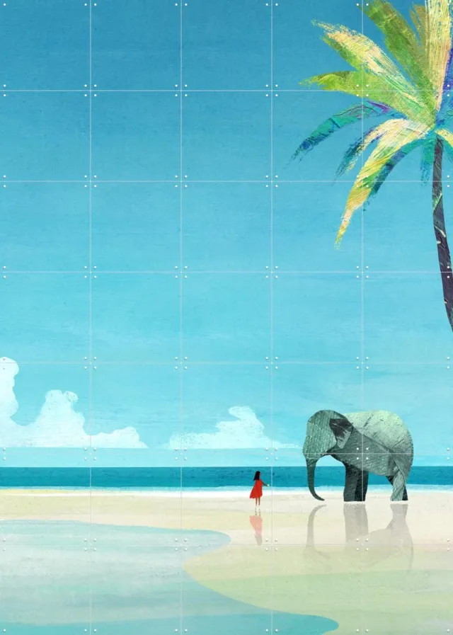 IXXI Elephant Beach, Henry Rivers - 100 x 140 cm - Grote wanddecoratie en posters - Speels, Grafisch Ontwerp, Digitale Kunst, Illustraties, Woonkamer Blauw