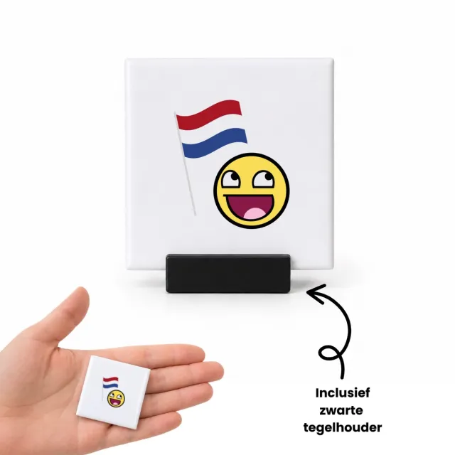Hacebo Nederlandse vlag smiley tegeltje met tegelhouder - Nederland - Nederlanders - tegeltjes met tekst - boeren - verjaardagscadeau - kado - spreuktegels - 4.8x4.8 CM Wit