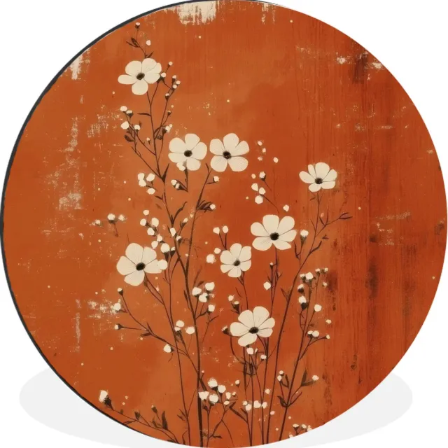 WallCircle Wandcirkel - Muurcirkel - Bloemen - Wit - Subtiel - Roestkleur - Aluminium - Dibond - 60x60 cm - Binnen en Buiten Bloem - Minimalistisch