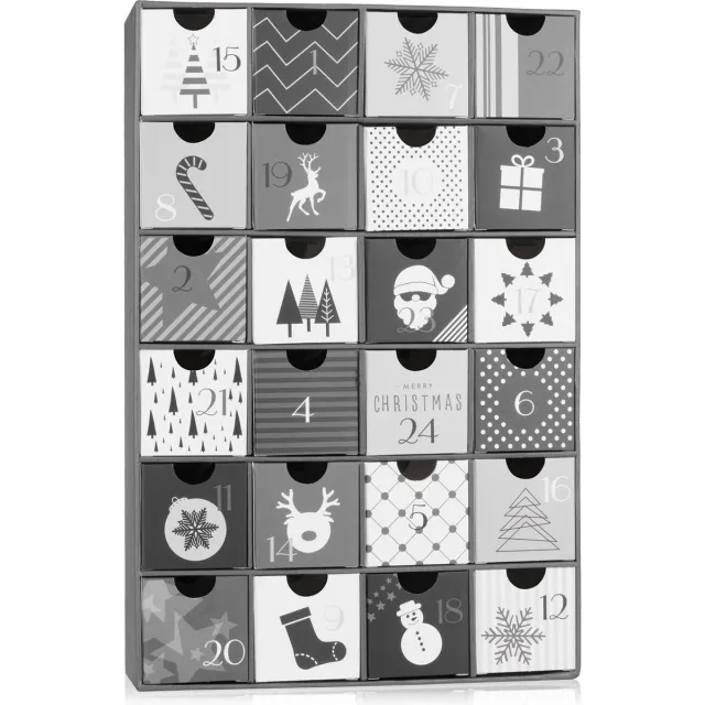 Brubaker Adventskalender om te vullen - Zwarte en Witte Kerst - Kerstkalender met 24 Vakjes om zelf te vullen met kleine Cadeautjes - 32,5 cm hoog - Karton Zwart wit