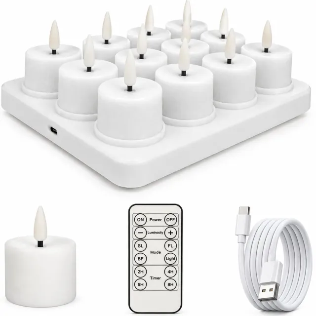 SWGOTA led kaarsen, 12 stuks, glad wit met warm licht, 3 x 4-basis, oplaadbaar via Type-C, met afstandsbediening en laadkabel voor feestelijke tafeldecoratie