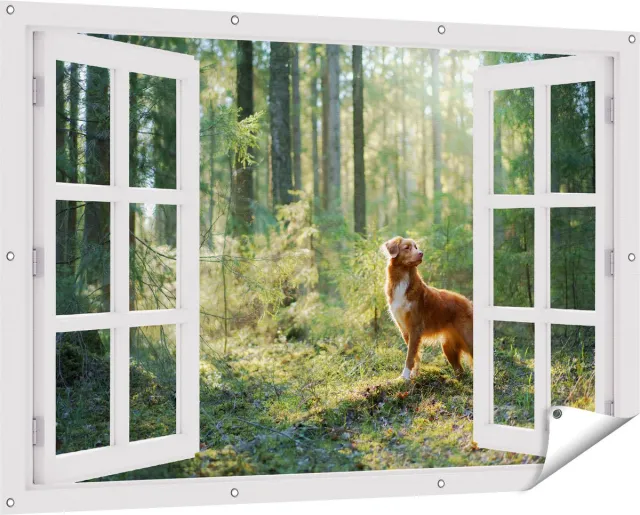 Gards Tuinposter Doorkijk Retriever Hond in het Bos met Zon - 150x100 cm - Tuindoek - Tuindecoratie - Wanddecoratie buiten - Tuinschilderij Wit