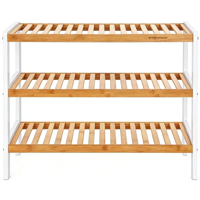 GOTAGEE Schoenenrek opbergrek staande opberger met 3 open opbergniveaus stevige duurzame bamboeconstructie geschikt voor hal badkamer woonkamer slaapkamer en gang 70 x 26 x 55 cm wit+natuur