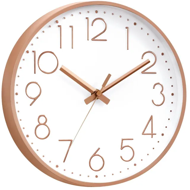 Oemmn 8 inch wandklok - Stille, niet-tikkende, moderne 3D-wandklok op batterijen (batterijen niet inbegrepen) - Decoratieve klok voor keuken, thuiskantoor, badkamer, slaapkamer (roségoud)