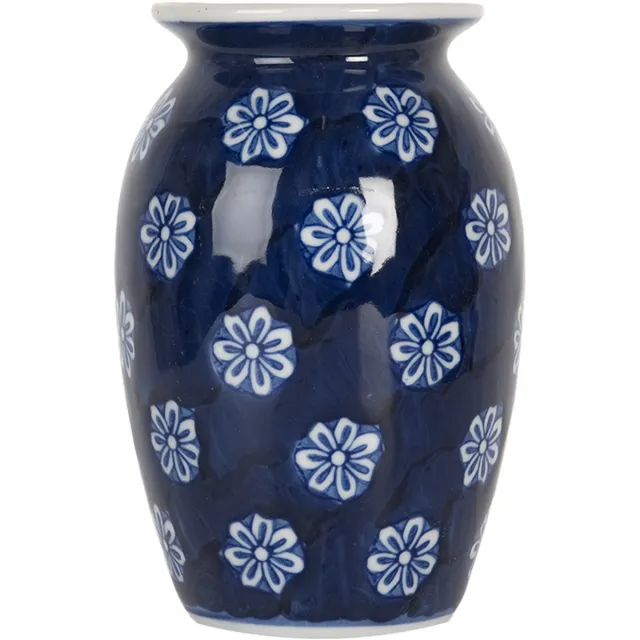 Clayre & Eef Vaas Ø 10x15 cm Blauw Wit Keramiek Bloemen