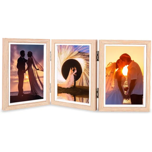 Famanu Fotohouder voor 3 foto's 10x15 cm - Houdt je herinneringen stijlvol vast - Hout met acrylplaat - Lichtbruin rood