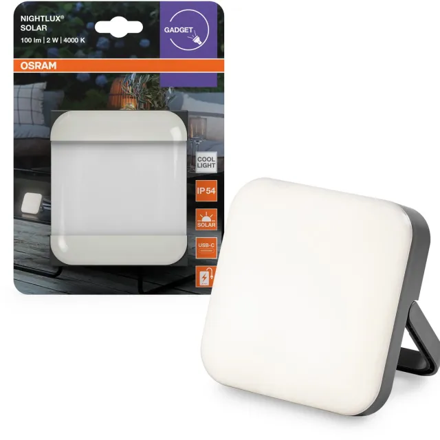 Osram Nightlux Solar Light Gray, op zonne-energie werkende LED-buitenlamp, 2,00 W, 100 lm, koel wit, powerbankfunctie, USB-C-oplaadpoort, voor buiten, IP54 Grijs