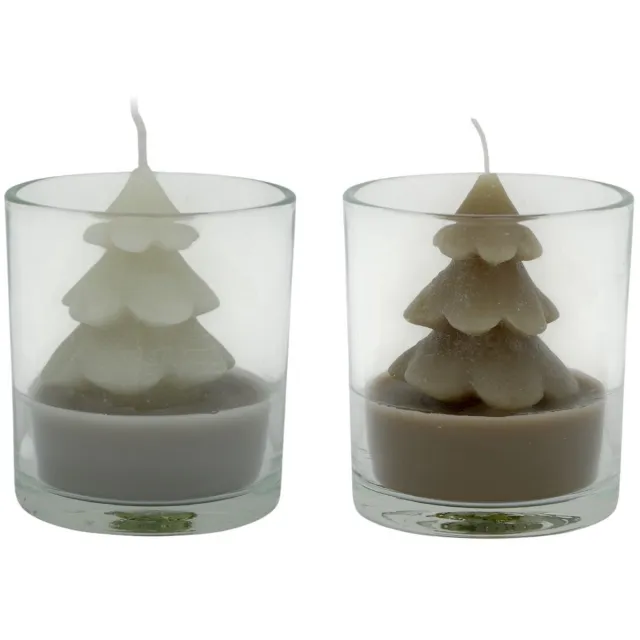 B-homedecoratie.be Kaars Tree Xmas Ass. 2 - 8,6 x 7,5 x 7,5 cm - Tafel decoratie kerst - 2 stuks Taupe