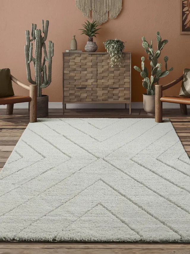 the carpet Bahar Shaggy – Hoogpolig vloerkleed met modern patroon, crème, 160 x 230 cm crème met chevronpatroon