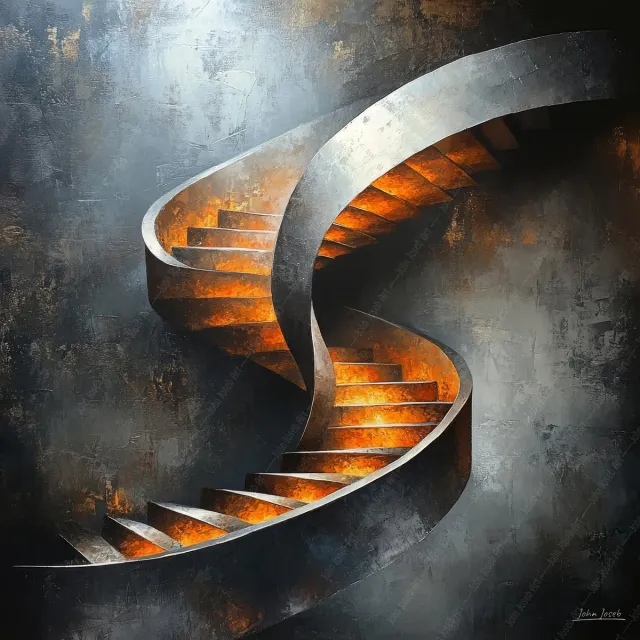 John Joseb Art (Canvas) 60x60 | Trap, industrieel, surrealisme, metaal, aluminium, staal, abstract, kunst | vierkant, gebouw, oranje, roest, grijs, modern | Foto-Schilderij canvas print (wanddecoratie) Canvas, dikte 2 cm