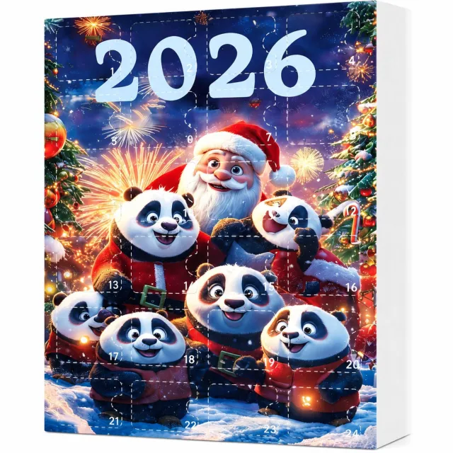 SWGOTA Adventskalender 2026 met 24 acryl panda-hangertjes, gouden ophangkoordjes, voor kerstboom en rugzak, in papieren doos Zwart