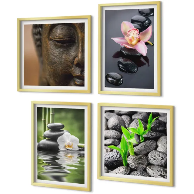 Coloray 4-Delige Schilderij Set - Vredige Zen-compositie van stenen met bloemen en Boeddha - 40 x 40 cm en 40 x 60 cm - Stijlvolle Wanddecoratie - Interieur - Muurdecoratie Gouden lijst