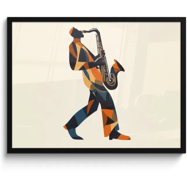 FrameYourWall Poster in lijst - Fotolijst 70x50 cm - Posters - Saxofoon - Abstract - Persoon - Blauw - Posterlijst zwart - Decoratie - Wanddecoratie woonkamer - Muurdecoratie slaapkamer