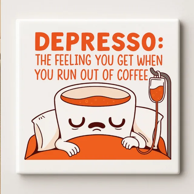 Nevolis Grappige Koffie Tegel “Depresso: The Feeling You Get When You Run Out of Coffee” – 15x15 cm Keramische Muurdecoratie – Humoristisch Cadeau voor Koffieliefhebbers, Keuken of Kantoor Multi Color