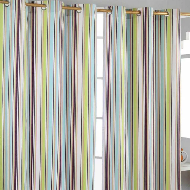 Homescapes gordijnen met oogjes Osaka strepen set van 2 100% katoen, 182 x 137 cm Paars/Groen