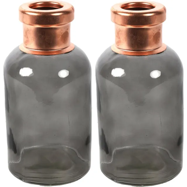 Countryfield Bloemenvaas Firm Bottle - 2x - transparant grijs/koper - glas - D10 x H21 cm