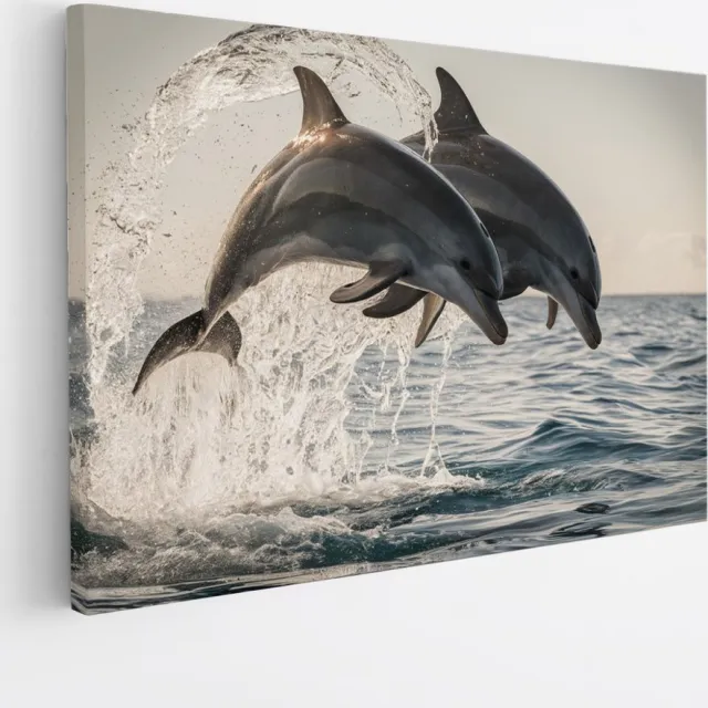 Saammp Canvas Schilderij - 2 Dolfijnen - Dieren - Landschap - Natuur - 100x75 - Foto op canvas - Wanddecoratie - Muurdecoratie Woonkamer - Slaapkamer decoratie - Canvas Print Multicolor