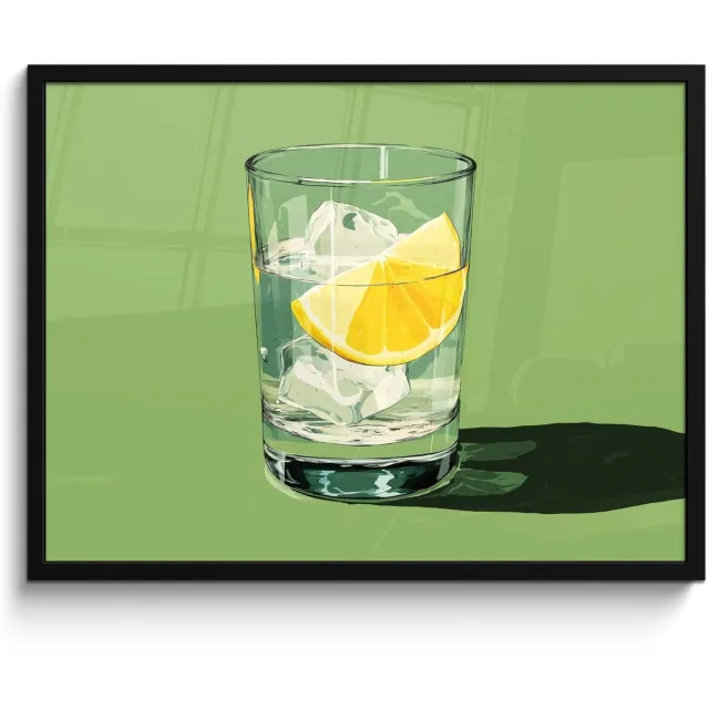 FrameYourWall Poster in lijst - Fotolijst 70x50 cm - Posters - Glas - Citroen - Ijsblokjes - Groen - Posterlijst zwart - Decoratie - Wanddecoratie woonkamer - Muurdecoratie slaapkamer Glas - Ijsblokjes - Citroen