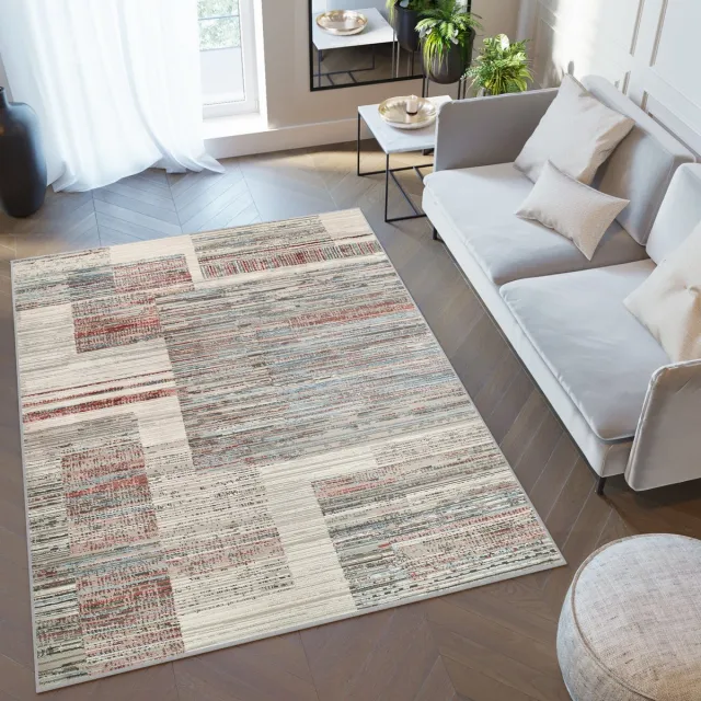 Tapiso Retro Vloerkleed Retro Grijs Rood Blauw Gestreept Modern Tapijt Beige