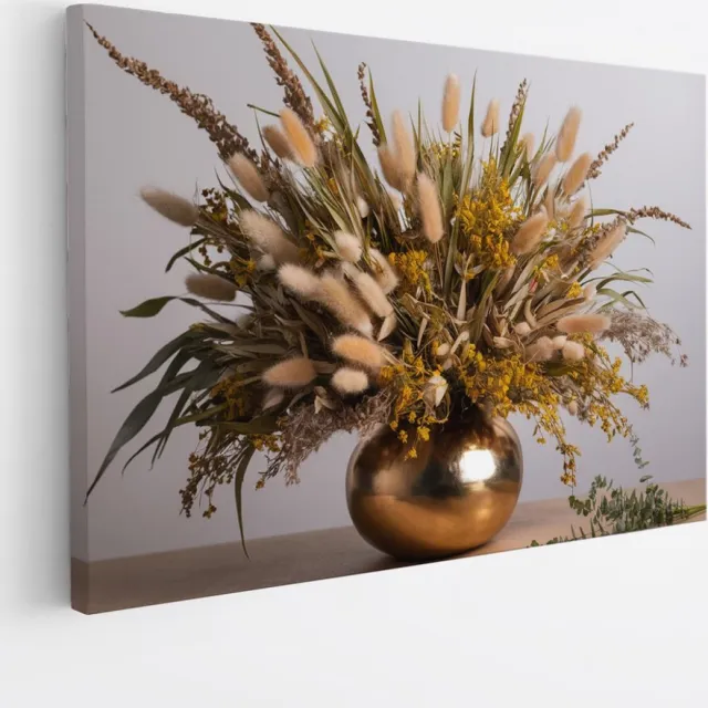 Saammp Canvas Schilderij - Gedroogde Bloemen in goude vaas - Natuur - Abstract - 100x75 - Foto op canvas - Wanddecoratie - Muurdecoratie Woonkamer - Kantoor Decoratie Multicolor