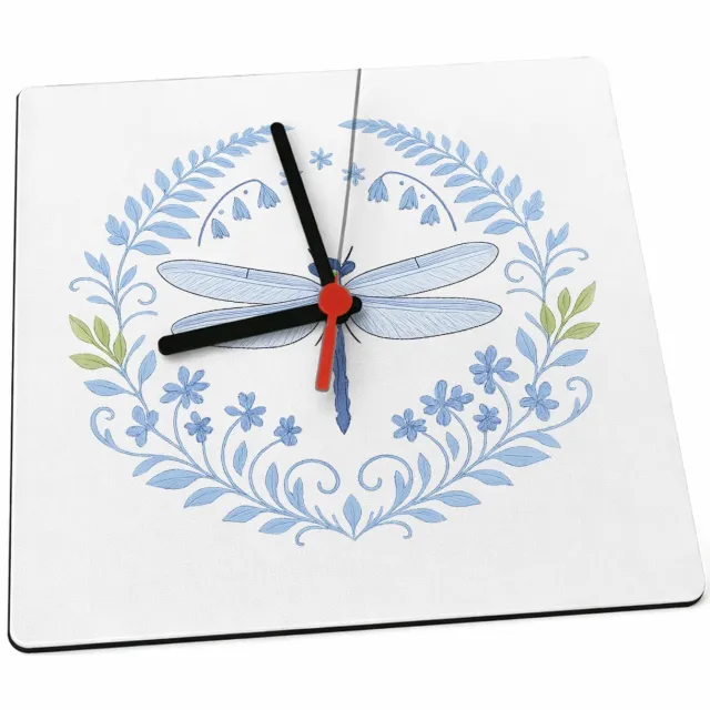 Mr Cadeautjes Klok 19 x 19 - design Serene bosrand met libellen en varens in een verfijnd blauw| cadeau Wit