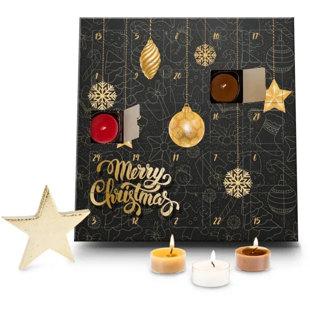 Romoscent Adventskalender – 24 Geurkaarsen – Theelichtjes – Kerstcadeau – Merry Christmas 2026 goud