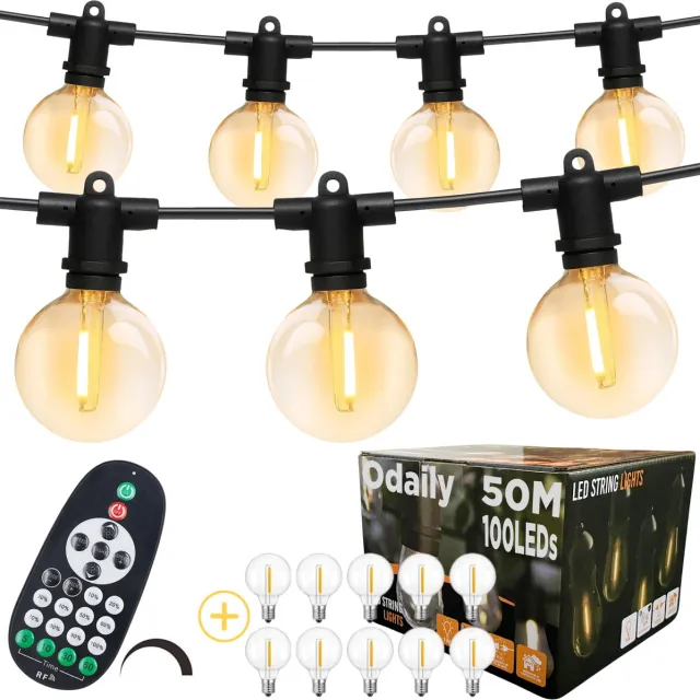Odaily Lichtsnoer - 50 Meter - 100 LED Lampen G40 - Warm Wit Licht - Dimbaar - IP65 - Horeca Kwaliteit