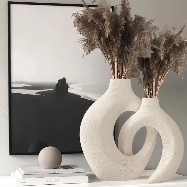 Famanu Set van 2 keramische vazen in mat beige, ideaal voor pampasgras en moderne woondecoratie