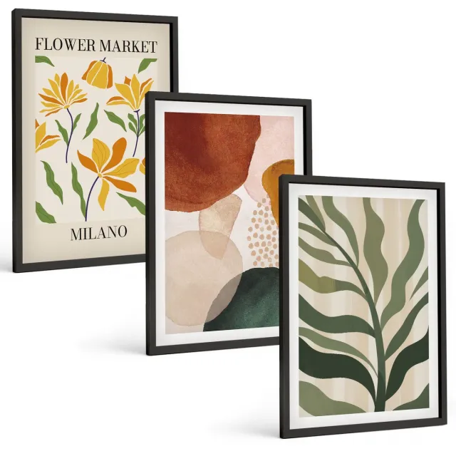Coloray 3-Delige Schilderij Set - Bloemmotieven Met Abstracte Vormen En Bladeren - 40 x 60 cm - Wanddecoratie - Muurdecoratie - Moderne Interieurdecoratie - Stijlvolle Muurdecoratie Zwarte lijst