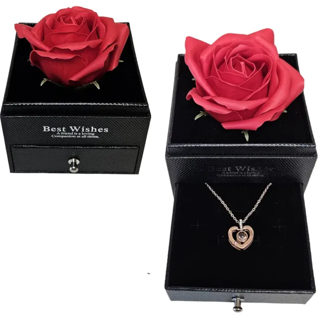 GreatGift Geconserveerde Echte Roos in Geschenkdoos met 'Ik Hou Van Je' Ketting - Handgemaakte Eeuwige Roos Bloem Cadeau voor Haar - Perfect voor Verjaardag, Jubileum, Valentijnsdag, Moederdag en Kerstmis Zwart, Rood