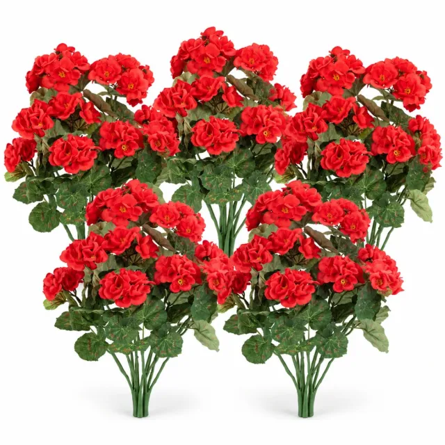 ROSIFY Kunstbloemen Kunst Geraniums voor buiten – 5 Bosjes – 36 cm – Kunstbloemen voor Bloembak, Balkon, Tuin & Interieur - Rood Rood 5