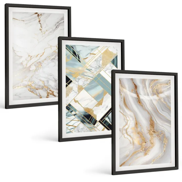 Coloray 3-Delige Schilderij Set - Elegante, Modieuze Abstracte Marmerpatronen - 40 x 60 cm - Muurdecoratie - Wanddecoratie - Slaapkamer - Stijlvolle Muurdecoratie Zwarte lijst