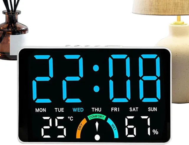 VHV Digitale klok - LED klok met groot blauw display - Tijd, dag, temperatuur en luchtvochtigheid - Voor muur, tafel, woonkamer en kantoor - Blauwe weergave