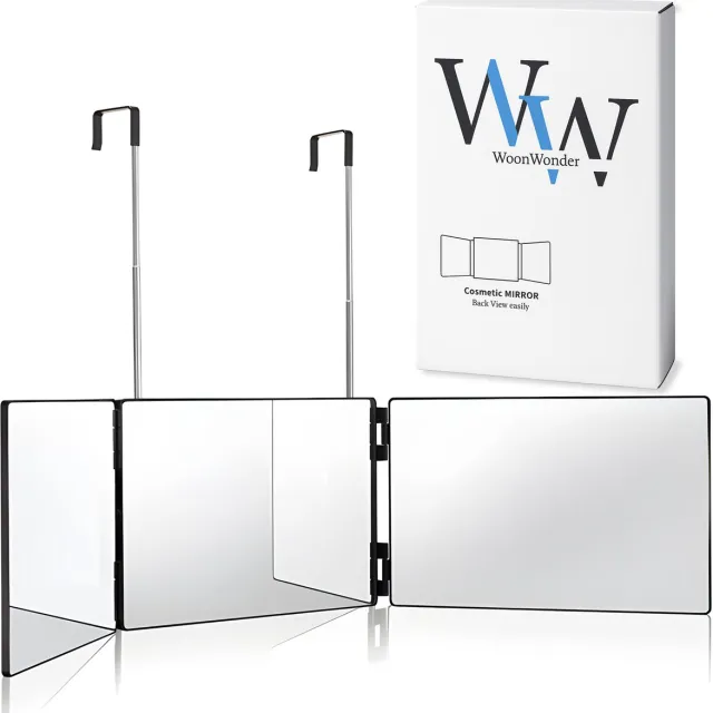 WoonWonder Self Cut Spiegel - 360° Draaibare Spiegel - Drieluik Ontwerp - Hangende Deurspiegel - Zelf Knippen, Make-up, Kapsel Styling en Scheren - Compact en Opvouwbaar - Spiegel om haar te knippen Zwart