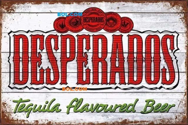 Desperados METALEN WANDBORD 30X20 CM, METALEN-WANDBORD - MUURPLAAT - VINTAGE - RETRO - HORECA- BORD-WANDDECORATIE -TEKSTBORD - DECORATIEBORD - RECLAMEPLAAT - WANDPLAAT - NOSTALGIE -CAFE- BAR -MANCAVE- KROEG- MAN CAVE wit