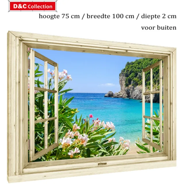 D&C Collection Doorkijk venster bloemen tuinposter op gespannen - 75x100x2 cm - canvas - uitzicht op bloemen, zee, bergen, nostalgisch venster - tuinschilderij - tuindoek roze, groen