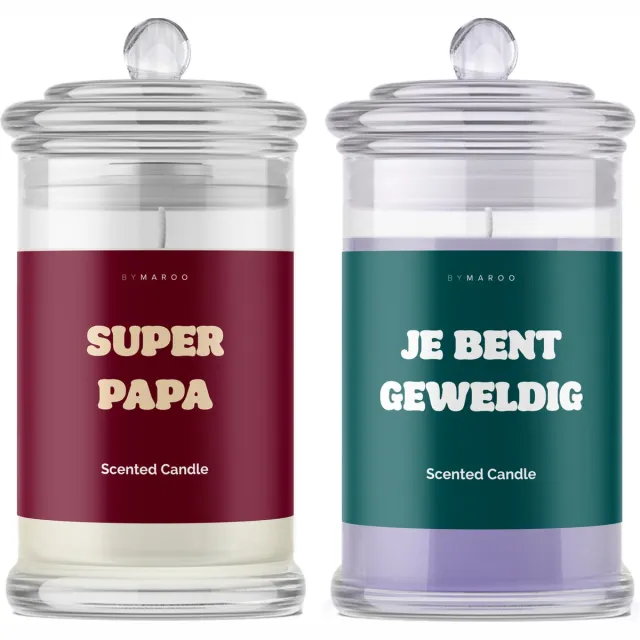 By Maroo Kaarsen geschenkset Vader - Super Papa Je Bent Geweldig - Grappige Cotton & Lavendel Geurkaarsen in Glas met Tekst - Verjaardag Cadeau Man, Vader - Geschenkset - Happy Birthday - Cadeautje voor Hem Volwassenen