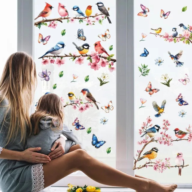 Cyslmuk Boomtak Vogel Sticker, Lente Zomer Anti-botsing Raam Vogelwaarschuwing Botsings Decals Glazen Deur, Kleurrijke Raamstickers voor Thuis Keuken Kantoor Koelkast Decoraties Stijl B