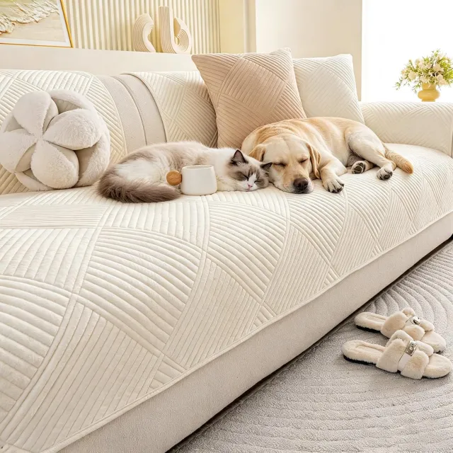 Huttutu Bankhoes - Antislip Bankovertrek - Bankbeschermer - Korte Pluche Sofa Beschermer - Universeel - Voor 1-2-3 Zitsbank - Per Stuk - Beige - 90 x 180 cm