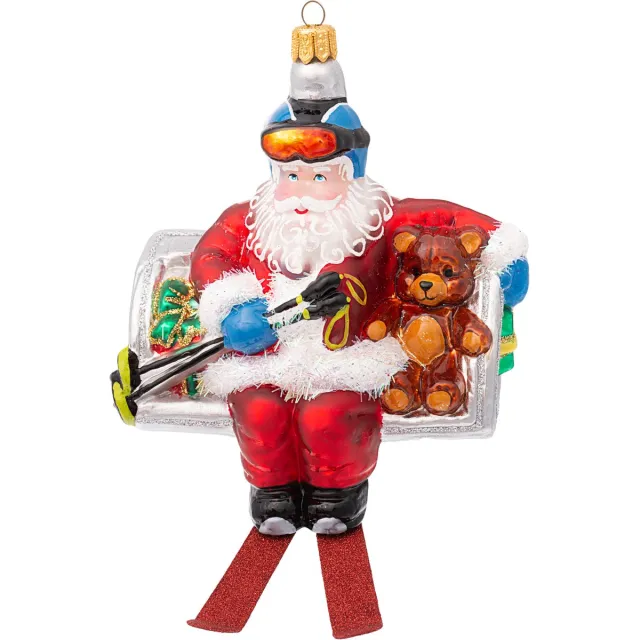 Viv! Christmas Kerstornament - Kerstman skilift - mond geblazen glas - rood blauw - 10cm