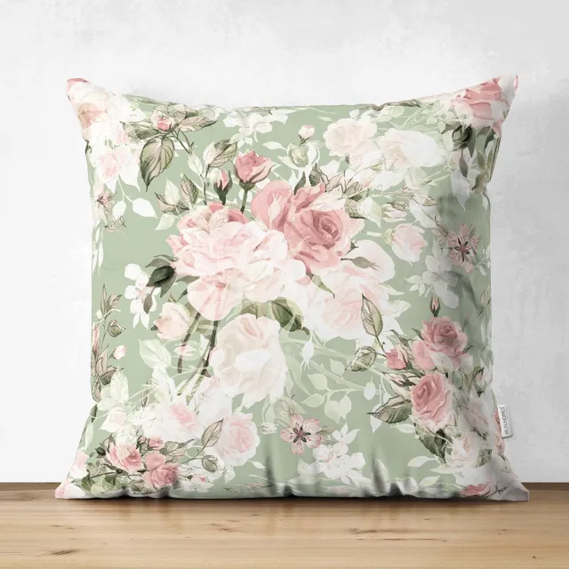 De Groen Home BLOEM Sierkussen Velvet - 45x45 - Pastel bloemen - Inclusief binnenkussen - Aan beide zijdig bedrukt Lichtgroen