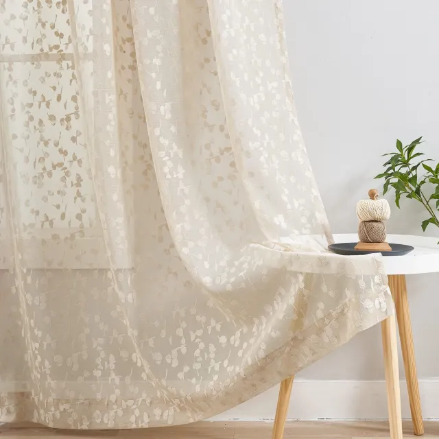 Ibenzoa Elegante Beige Gordijnen met Bladmotief en Oogjes voor Stijlvolle Interieurs