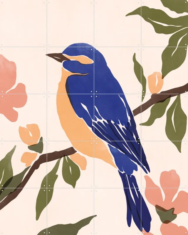 IXXI Blue Bird, Sacrée Frangine - 80 x 100 cm - Grote wanddecoratie en posters - Illustraties, Speels, Grafisch Ontwerp, Woonkamer, Takken, Natuur Blauw / Warme kleuren