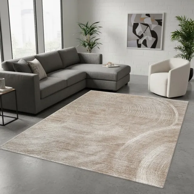TapisTrend Designer tapijt Beige Modern vloerkleed met grote concentrische cirkels en een geborsteld effect voor woonkamer en slaapkamer