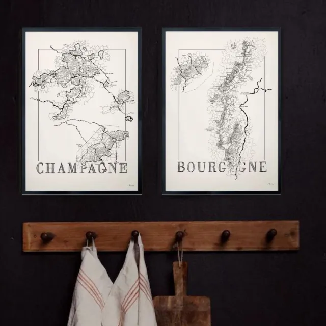 Brushery Poster set - Bourgogne & Champagne - zwart wit - landkaart - wijnliefhebber - 50 x 70 cm