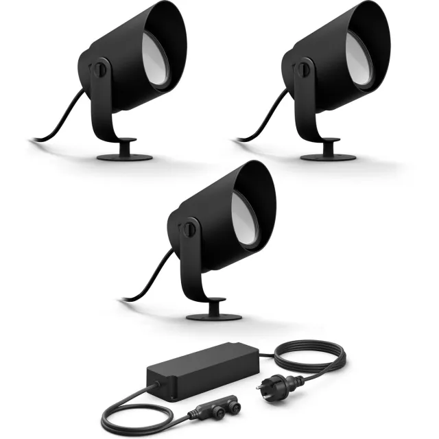 Philips Hue Lily XL Basisset van 3 Tuinspots (Antraciet) - Wit en Gekleurd Licht - Incl. 1 Voedingskabel - Tuinverlichting - Hue White and Color Ambiance Zwart