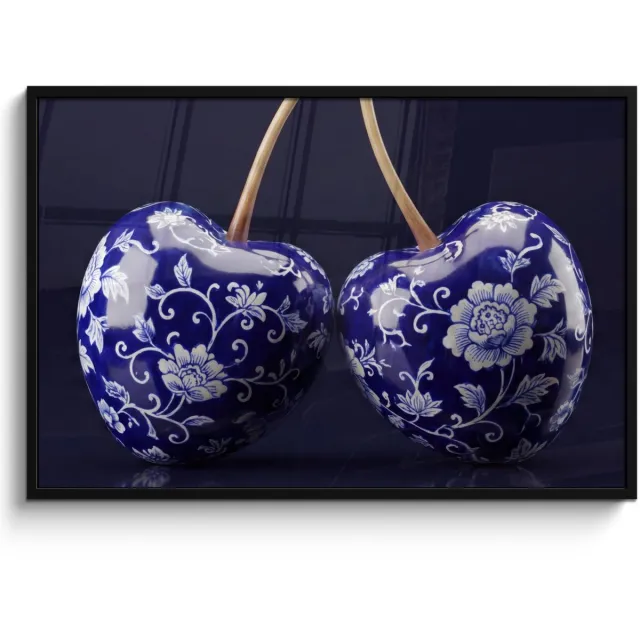 FrameYourWall Poster in lijst - Fotolijst 120x80 cm - Posters - Porselein- Kersen - Delfts - Blauw - Posterlijst zwart - Decoratie - Wanddecoratie woonkamer - Muurdecoratie slaapkamer