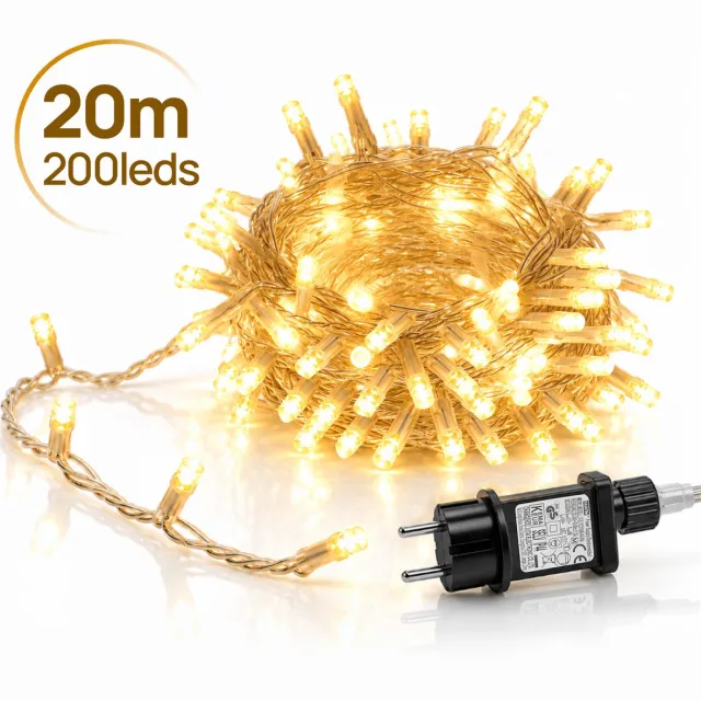 LAPAMAX LED Lichtsnoer - Kerstverlichting 20 m 200 LEDs Warm Wit - Met Tail Plug - 31 V Laagspanning met Timer, Geheugen en 8 Lichtstanden - Kerstboomverlichting met Adapter en 3 m Aanloopsnoer